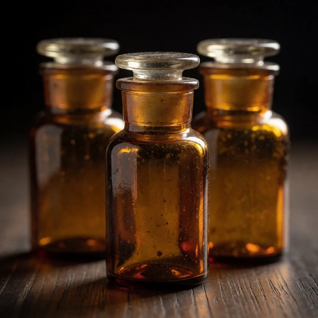 Amber glass vials on shelf