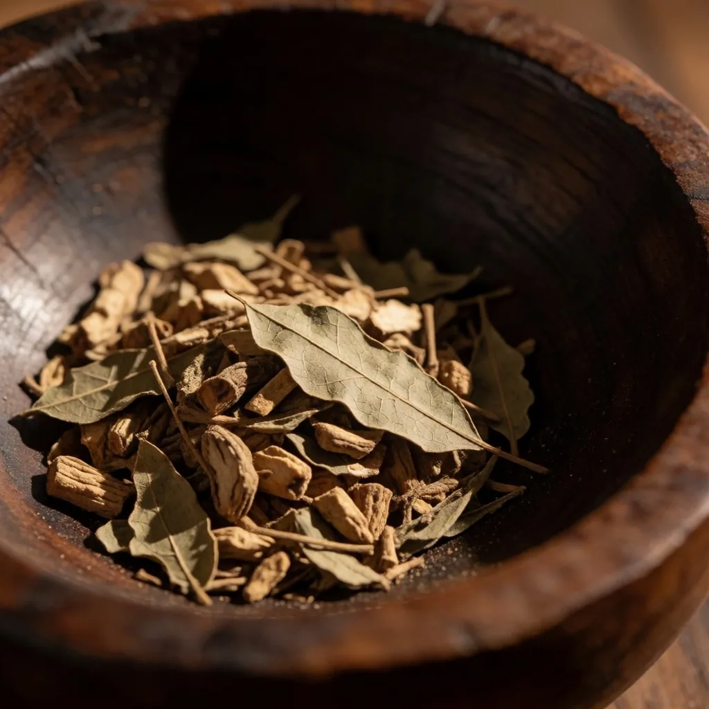 Apothecary mortar with herbs