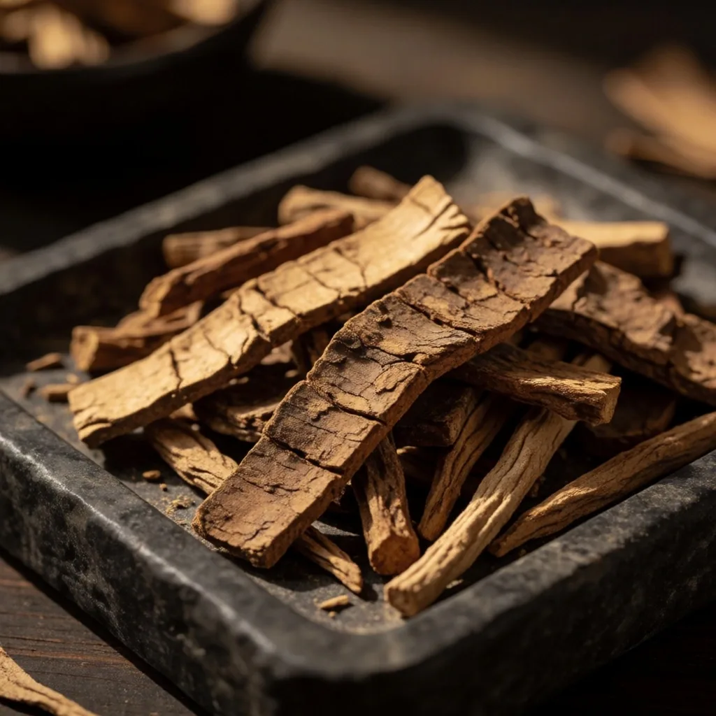 Dried botanical roots on slate