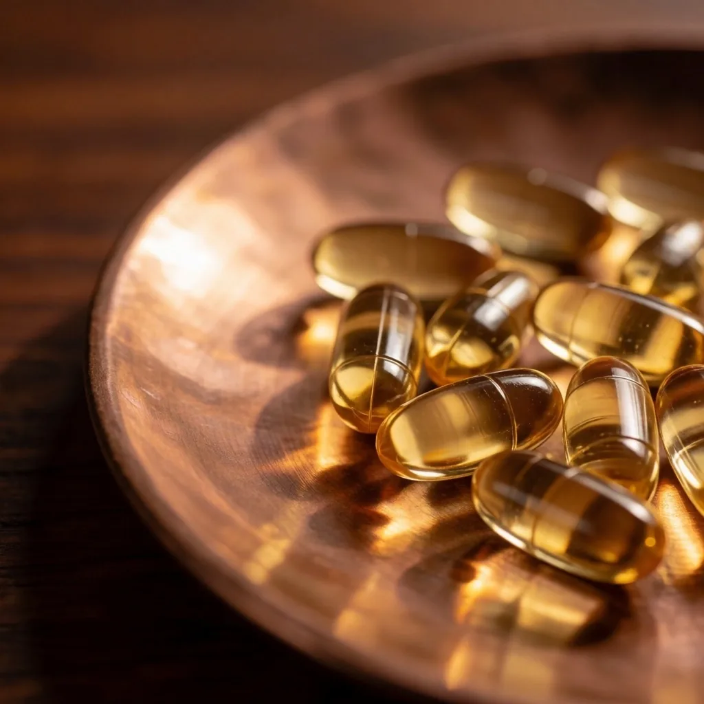 Amber capsules on a copper surface