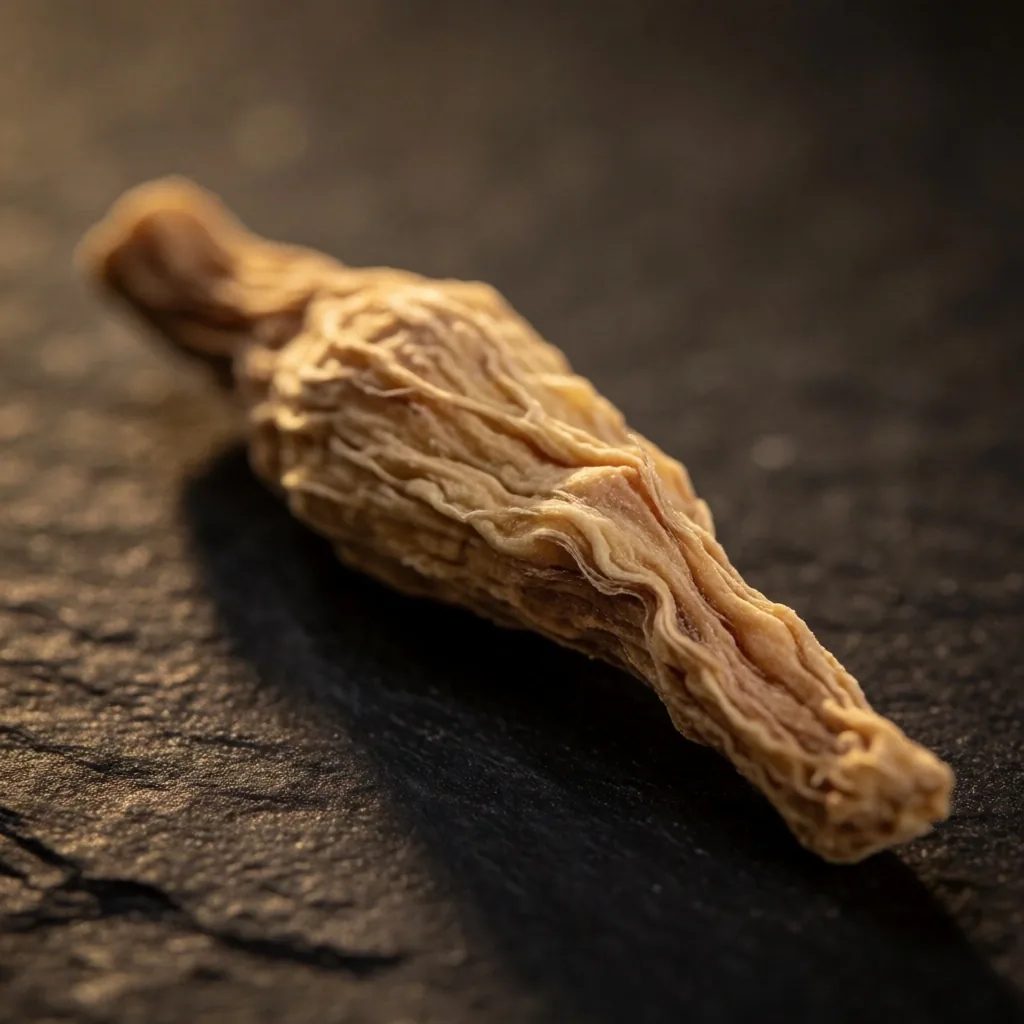 Macro study of a botanical root on dark slate