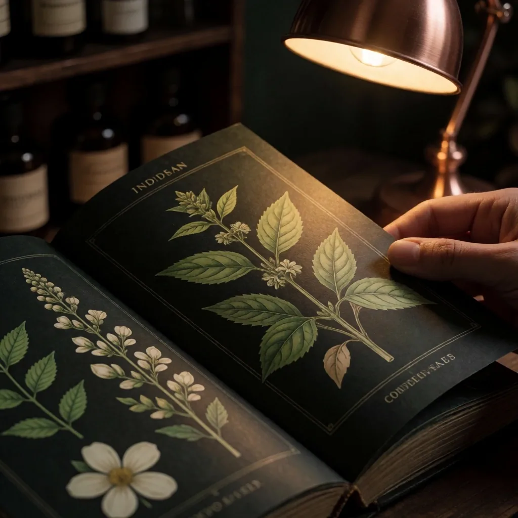 Botanical reference book under warm light