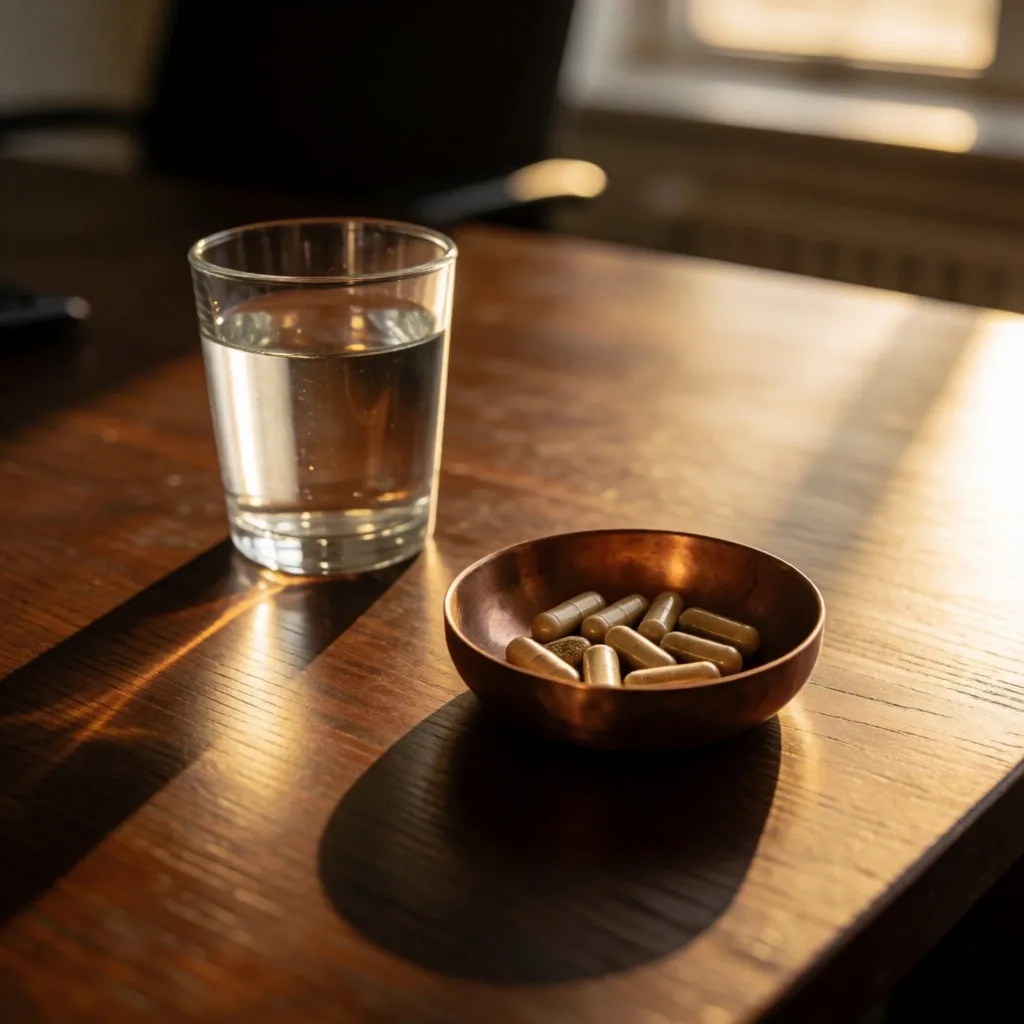 Afternoon office desk with supplement container and warm light