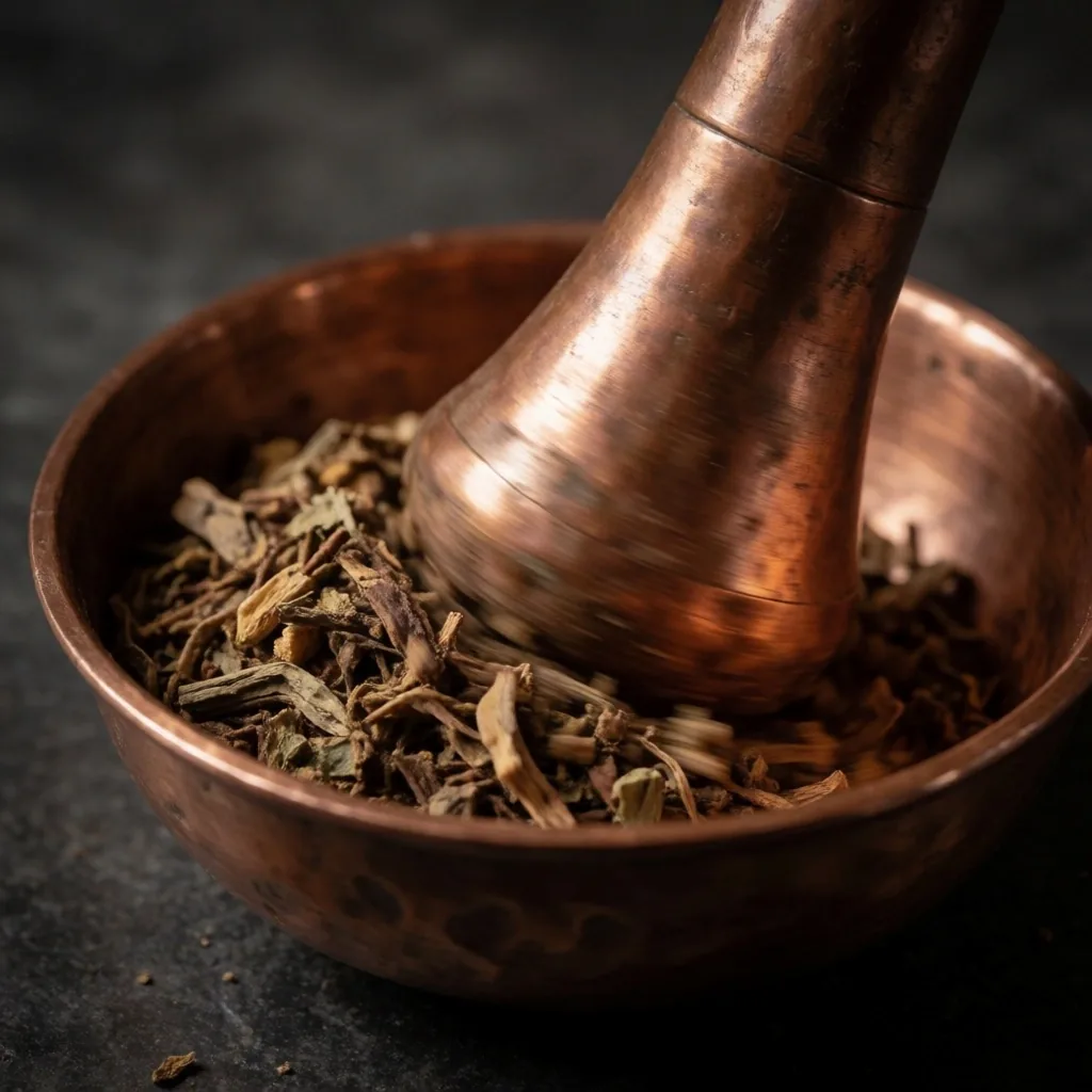 Copper mortar and pestle on dark surface