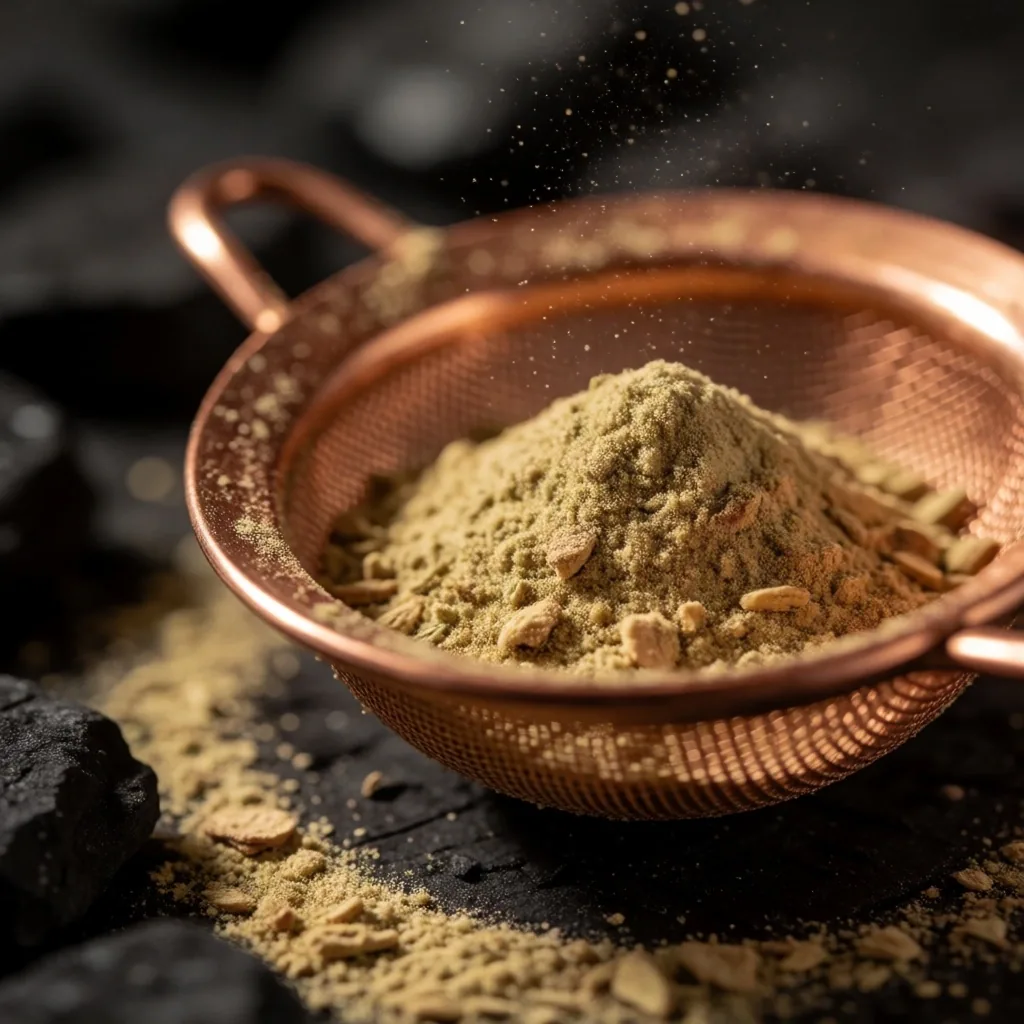 Fine copper sieve with ground herbal powder