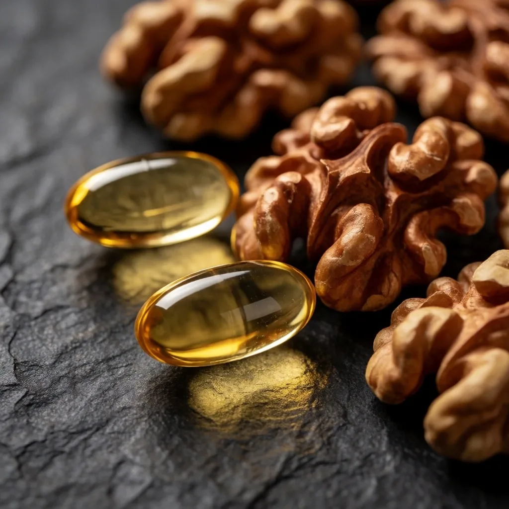 Omega-3 capsules and walnuts on dark surface