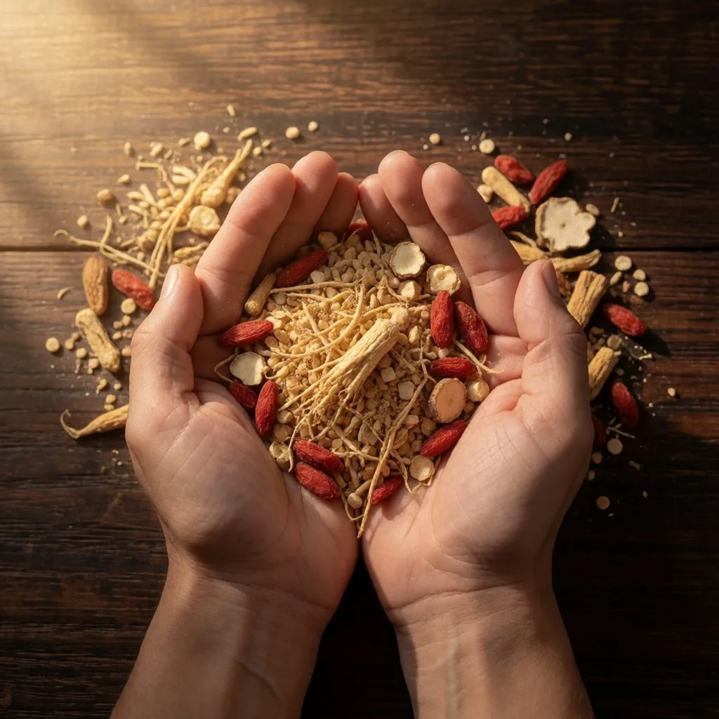 Hands holding dried herbs and botanical roots