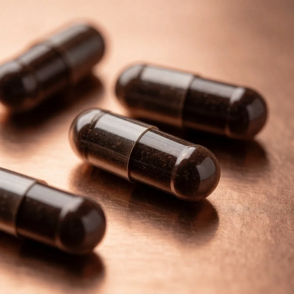 Natural supplement capsules on copper surface