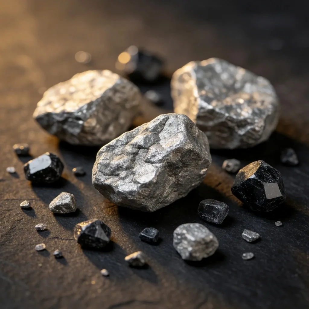 Raw mineral crystals and zinc on dark surface