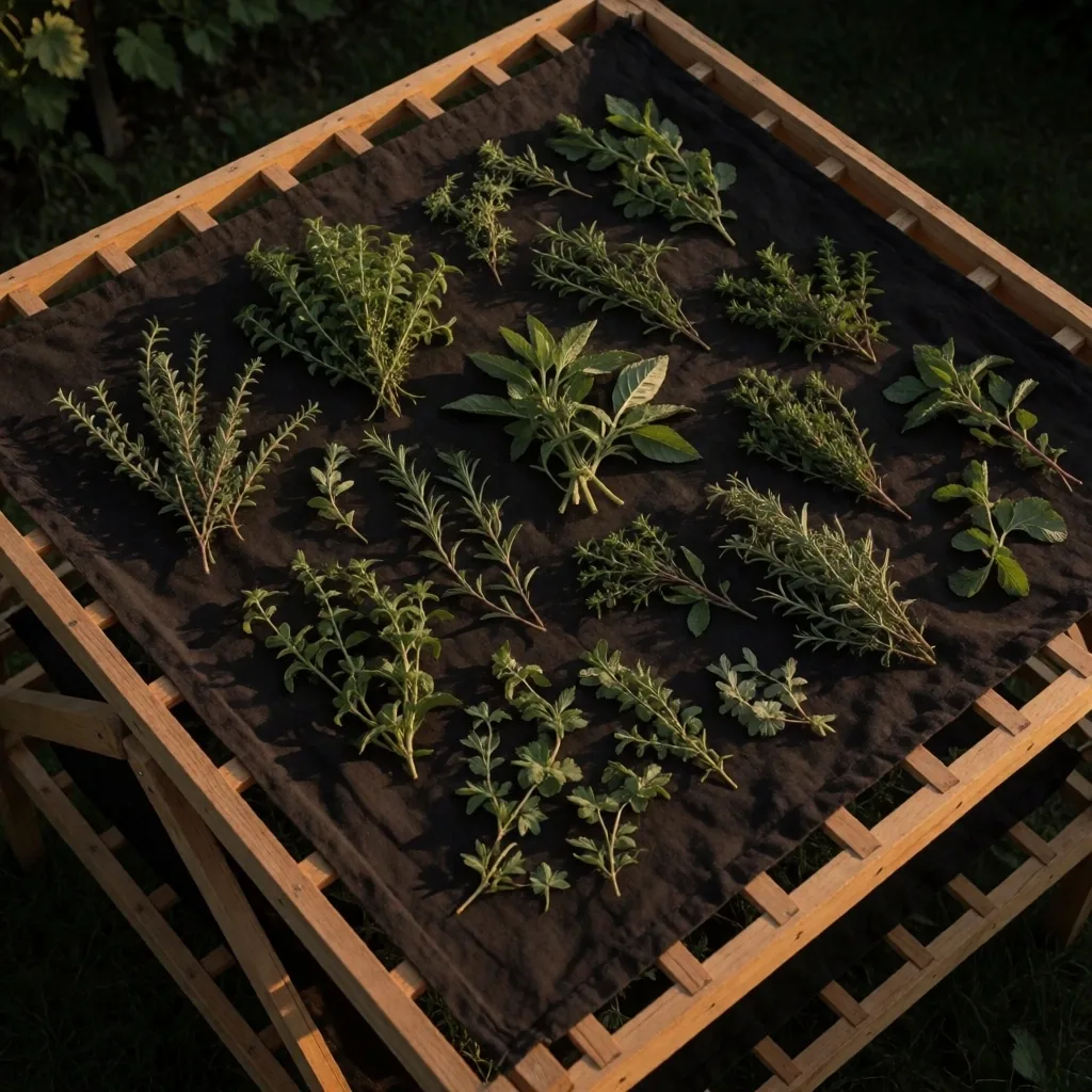 Botanical drying rack with herbs