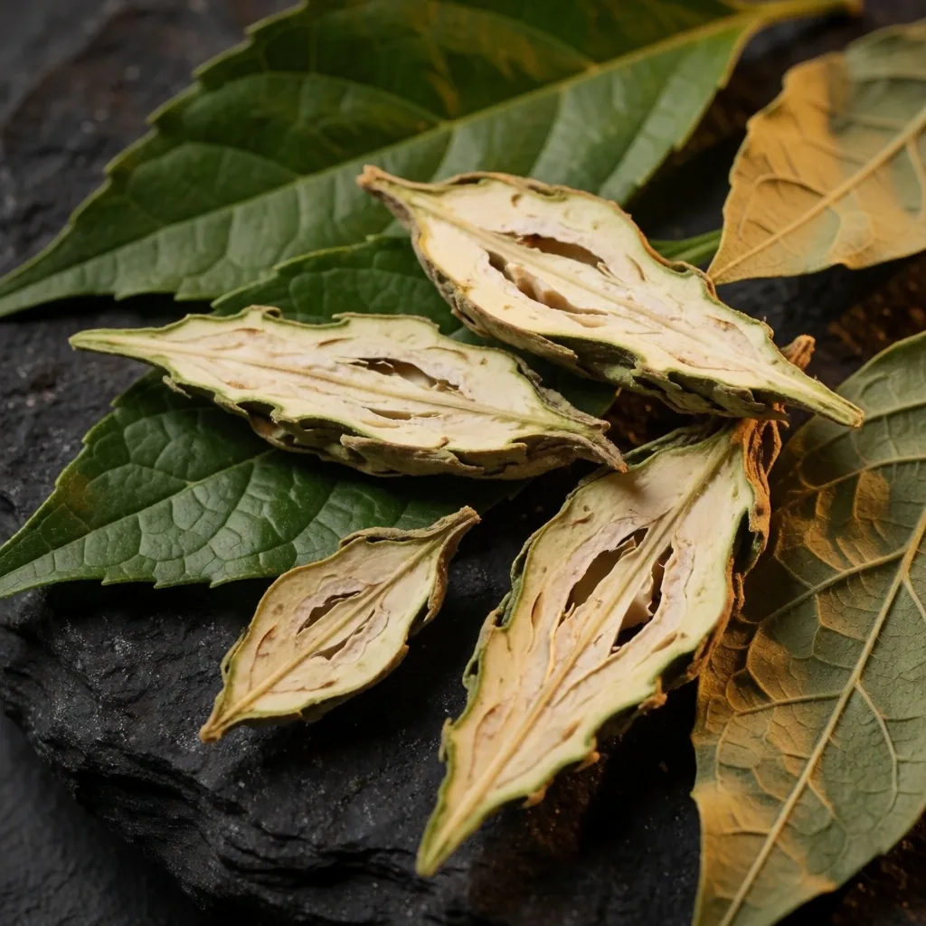 Fresh Indonesian herbal leaves on dark slate