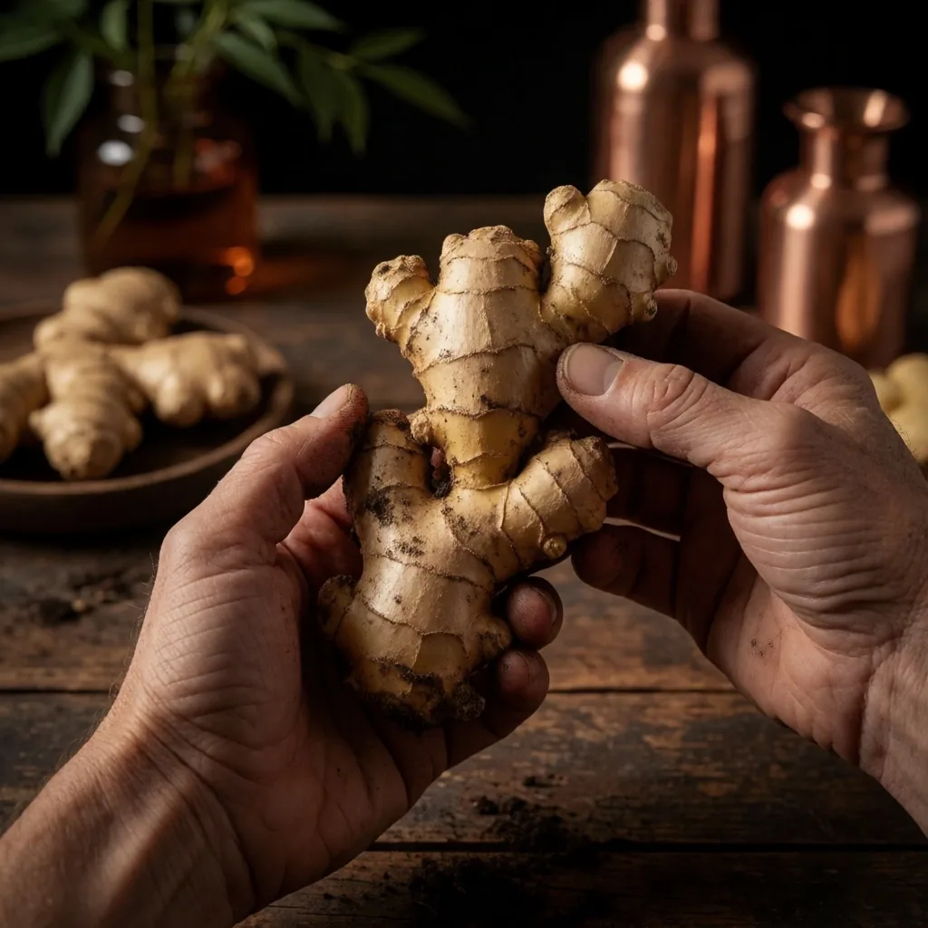 Hands holding freshly harvested ginger root