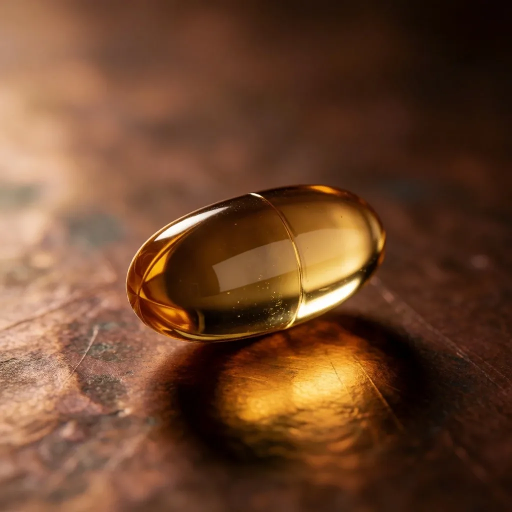 A single amber supplement capsule on a dark copper surface in warm low-key lighting