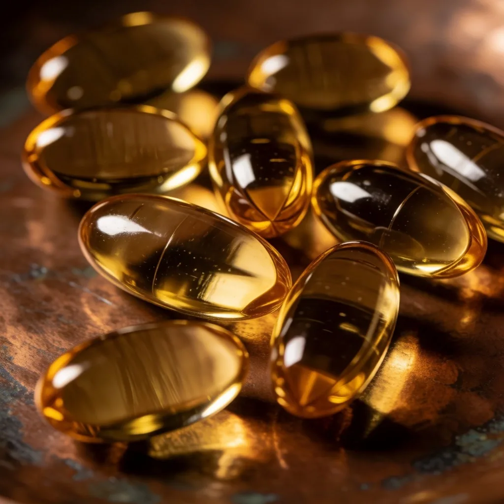 Copper-toned capsules on dark surface