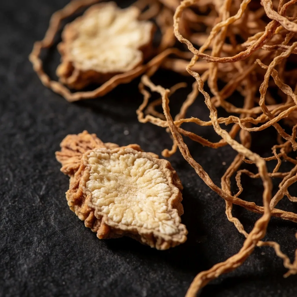 Macro view of dried botanical roots on dark slate