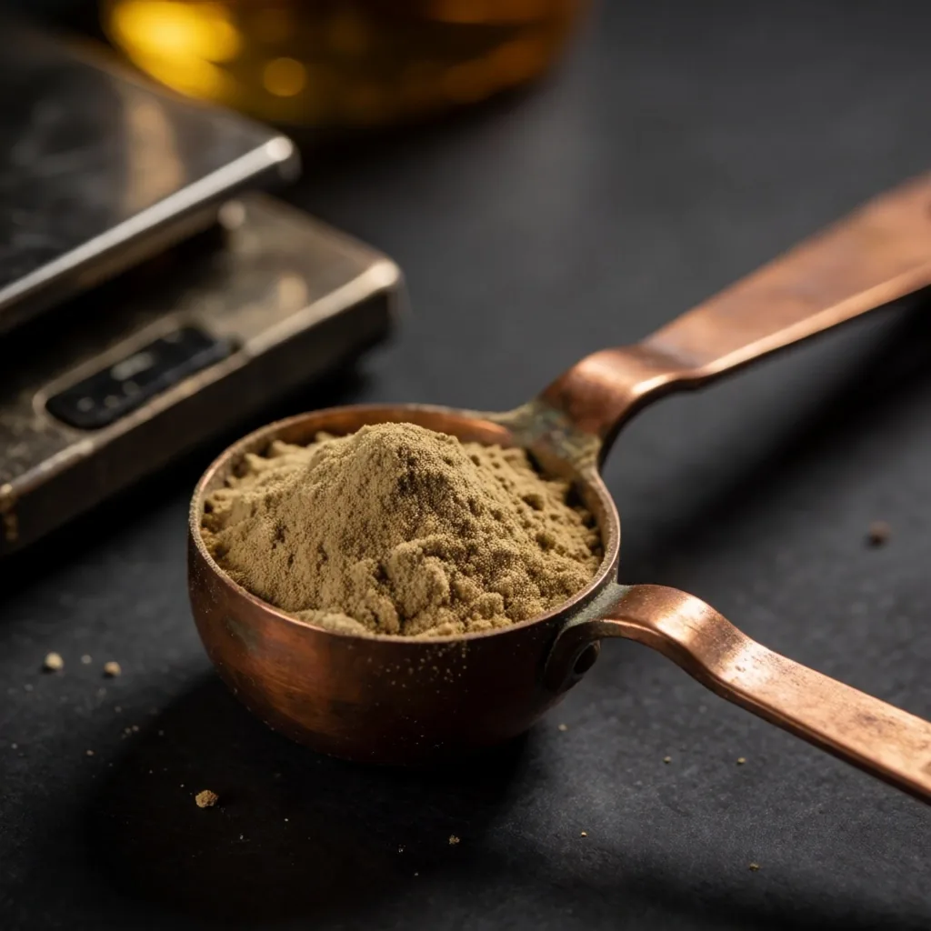 Copper laboratory tools on a black workbench