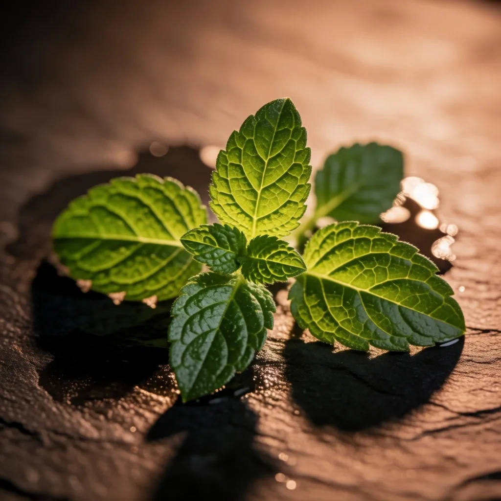 Fresh herbal leaves on dark slate